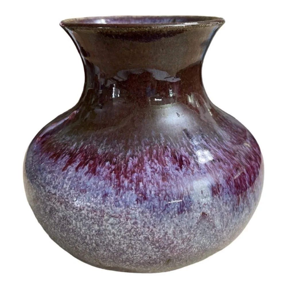 Signed MEG Studio Art Pottery Vase Purple Blue Brown Drip Glaze Handmade 5